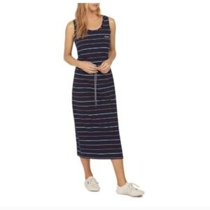 Barbour Women's Navy Blue Striped Sleeveless Tie Waist Midi Dress Sz 8 Casual